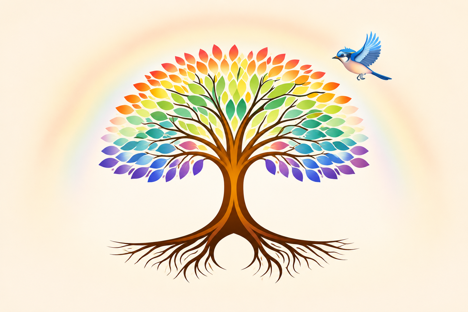 Colourful tree and blue bird symbolising inclusion and growth